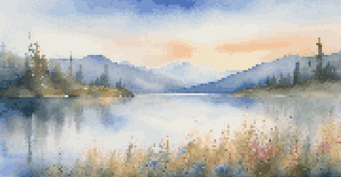 A picturesque scene showing a mountain range reflected in a calm lake, with colorful wildflowers in the foreground and a misty ambiance.