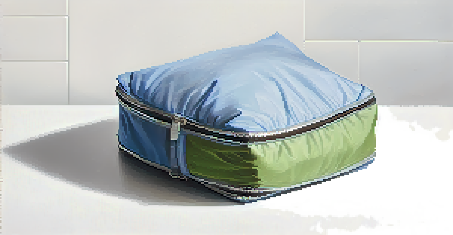 A close-up of a packing cube filled with rolled clothes, highlighting its fabric texture and vibrant colors under soft lighting.