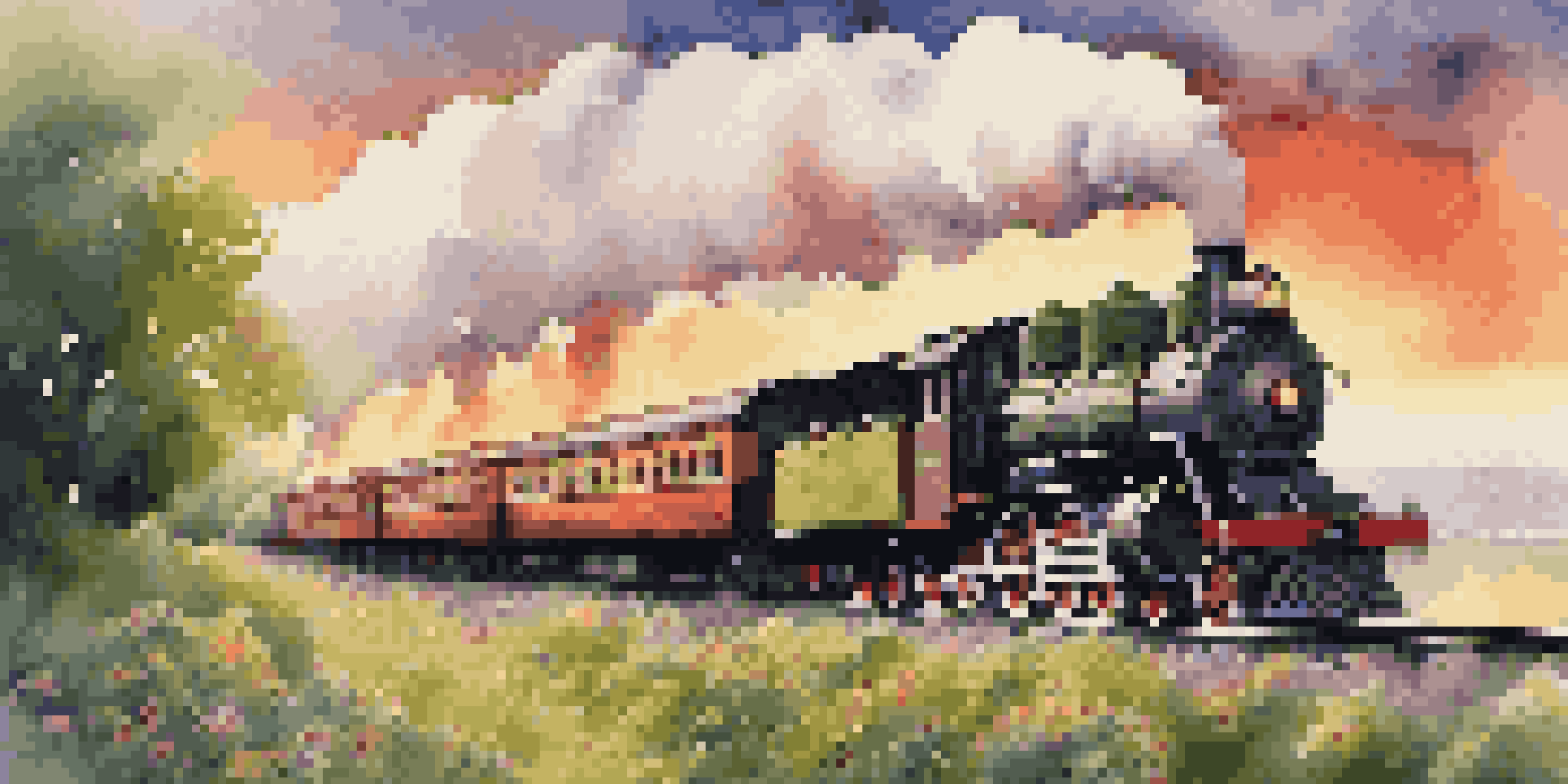 A vintage steam train surrounded by a lush green landscape and a colorful sunset, with billowing steam and blooming wildflowers.