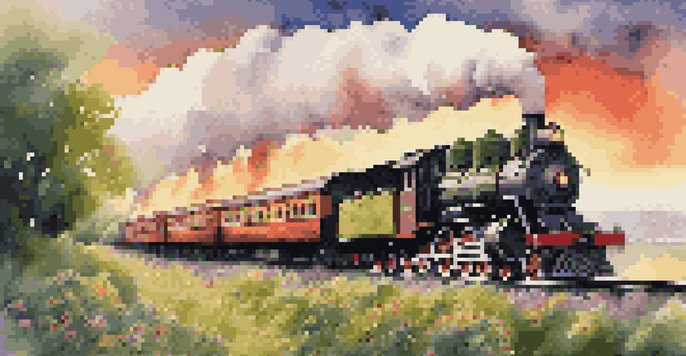 A vintage steam train surrounded by a lush green landscape and a colorful sunset, with billowing steam and blooming wildflowers.