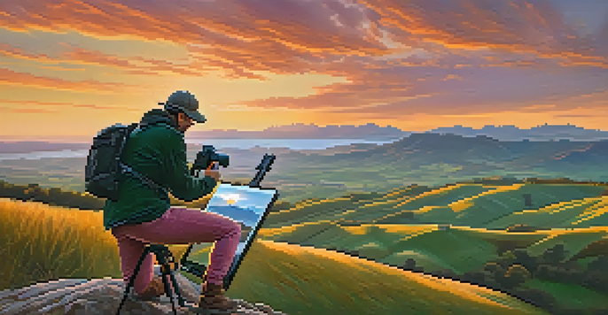 A travel photographer taking photographs during sunset in a beautiful landscape.