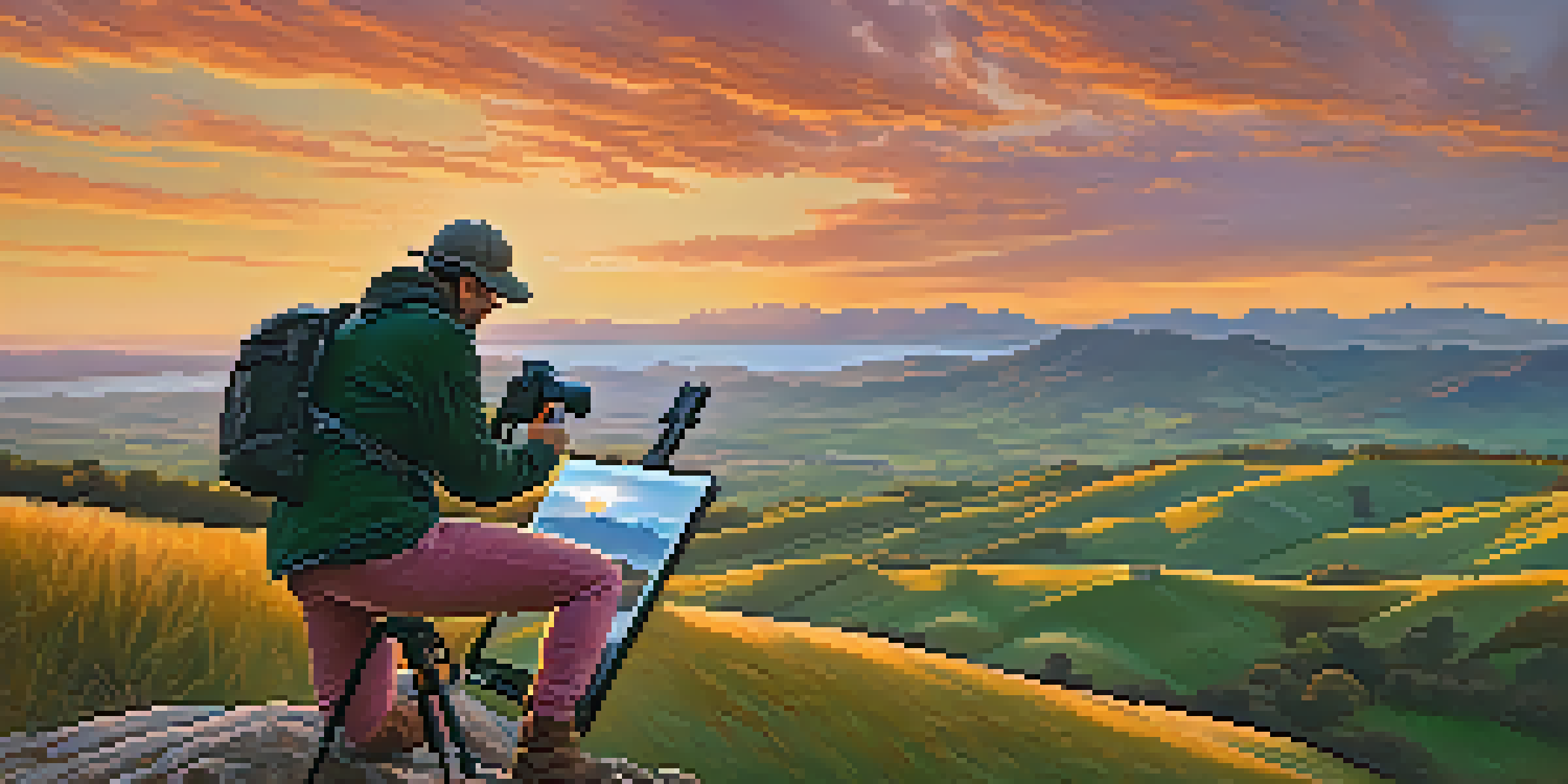 A travel photographer taking photographs during sunset in a beautiful landscape.