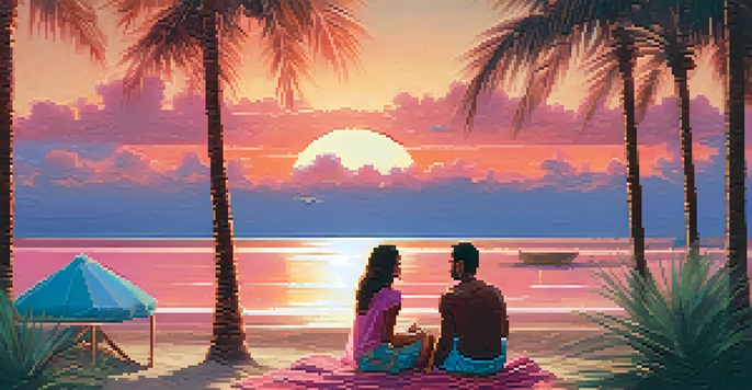 A couple enjoying a picnic on a tropical beach at sunset, surrounded by palm trees and soft sand.