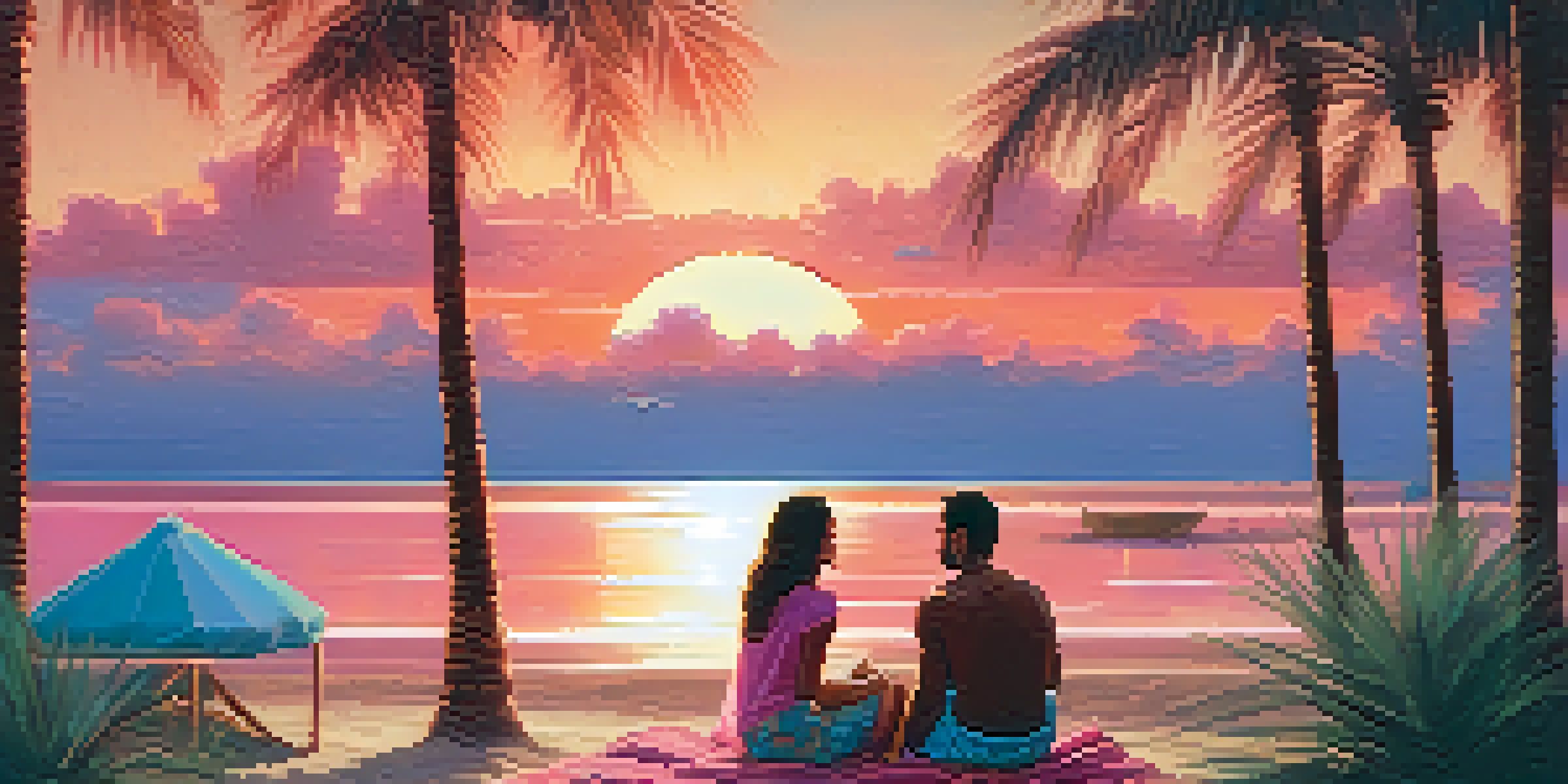 A couple enjoying a picnic on a tropical beach at sunset, surrounded by palm trees and soft sand.