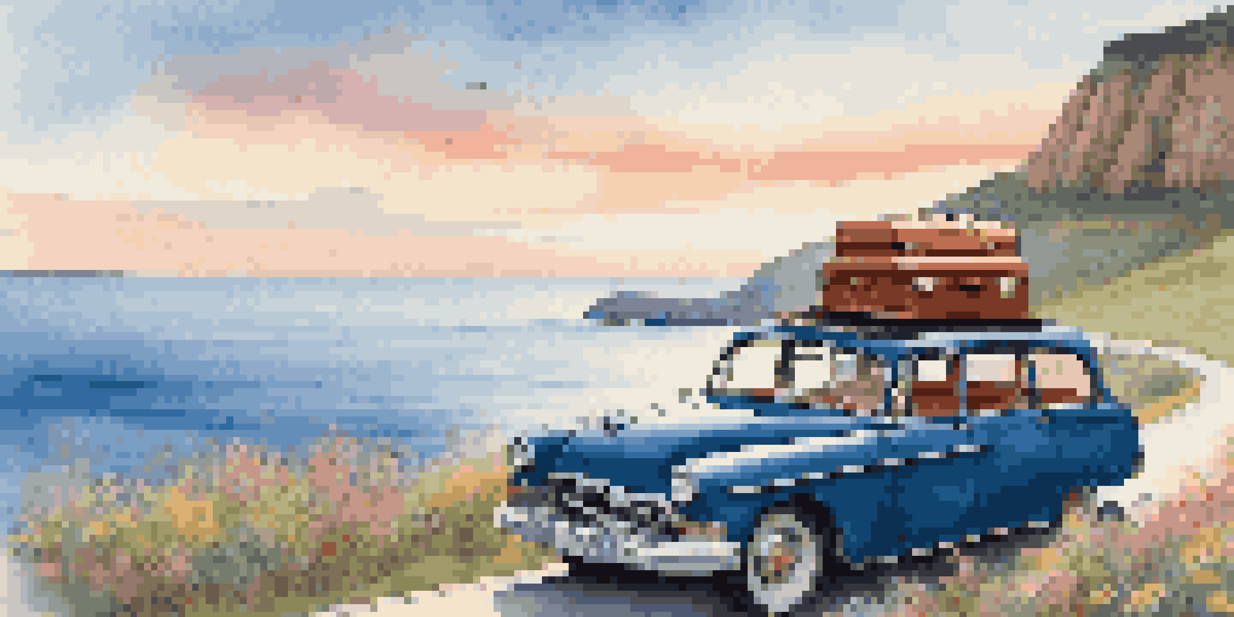 A vintage car driving on a coastal highway during sunset, surrounded by cliffs and ocean waves, with colorful luggage on the roof.