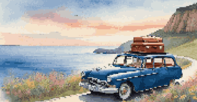 A vintage car driving on a coastal highway during sunset, surrounded by cliffs and ocean waves, with colorful luggage on the roof.