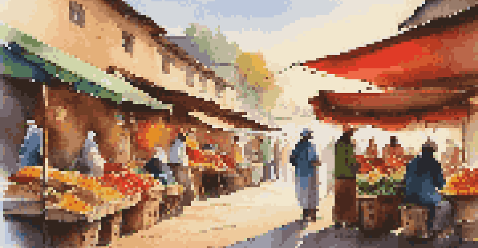 A vibrant local market with fresh produce and crafts, showcasing friendly interactions between vendors and a few tourists during off-peak travel.