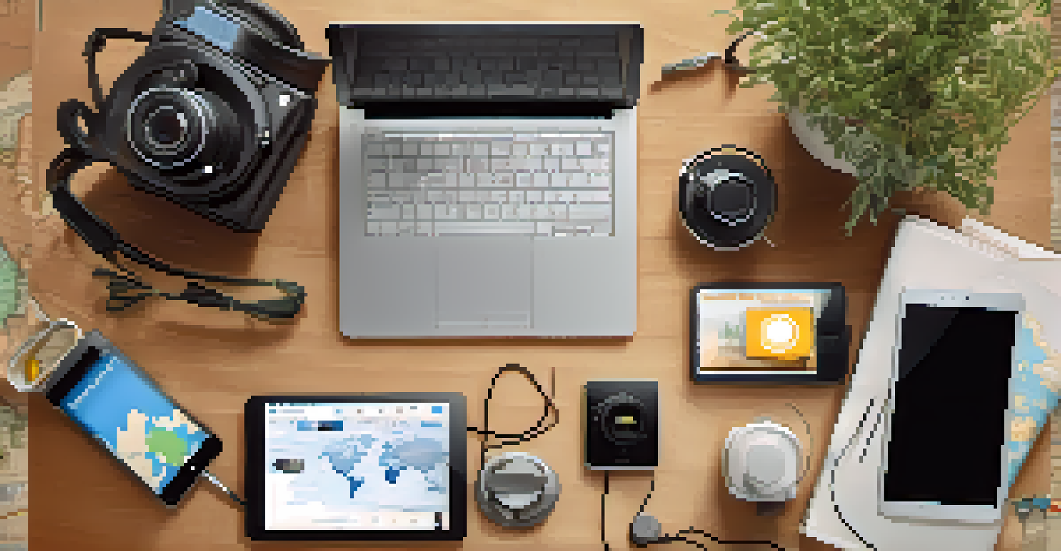 A collection of a laptop, tablet, and smartphone connected to a mobile hotspot, set against a backdrop of a world map and travel items.