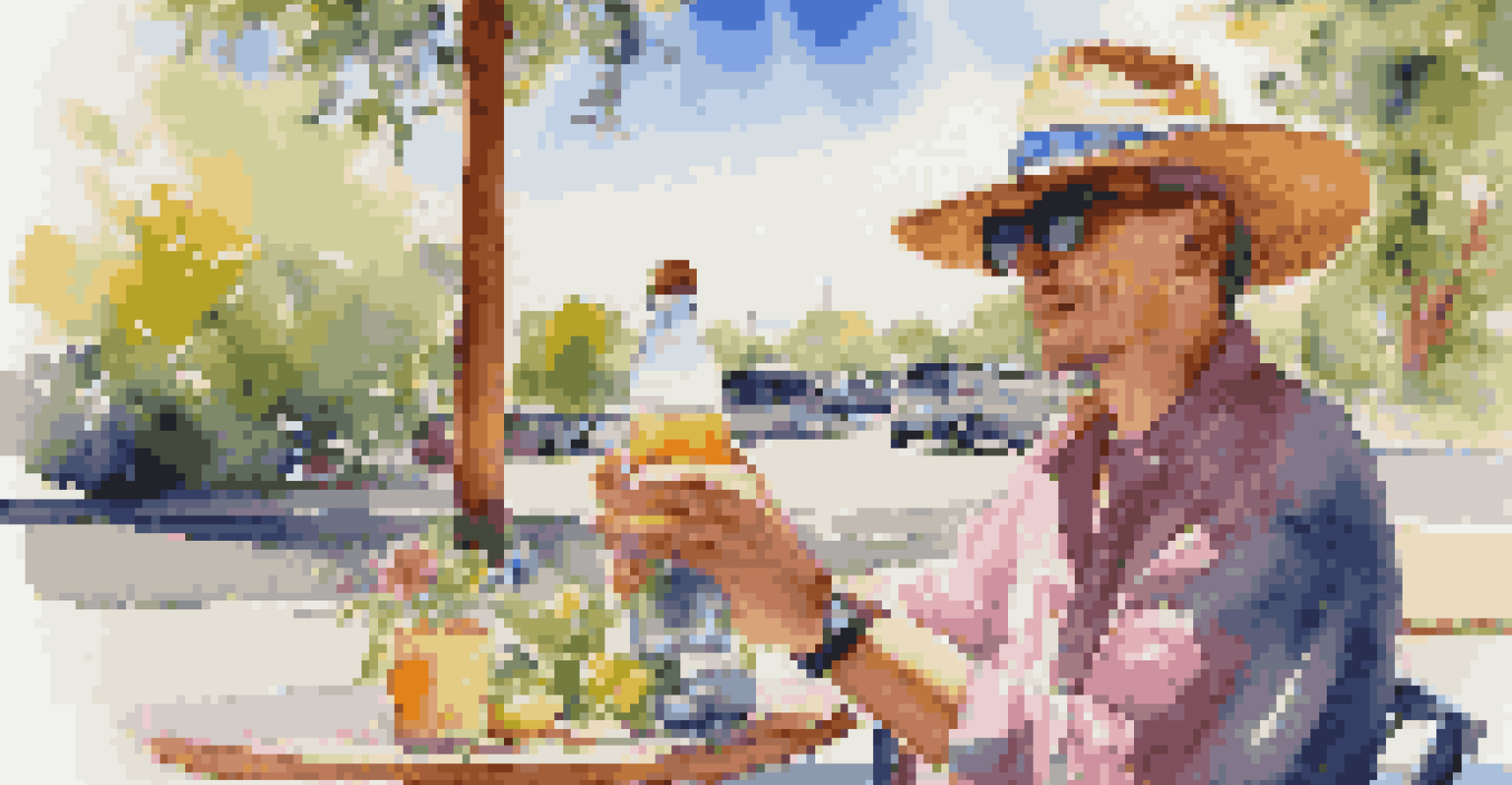 A traveler at an outdoor café drinking water from a reusable bottle, surrounded by flowers and a blue sky.