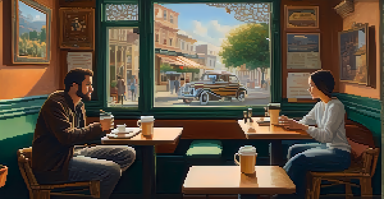 A cozy café where a traveler converses with a local, surrounded by traditional decorations and warm lighting.