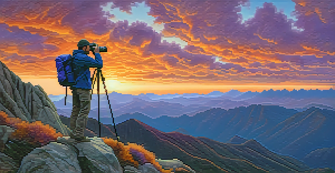 A traveler on a mountain peak holding a camera, with a colorful sunset in the background.