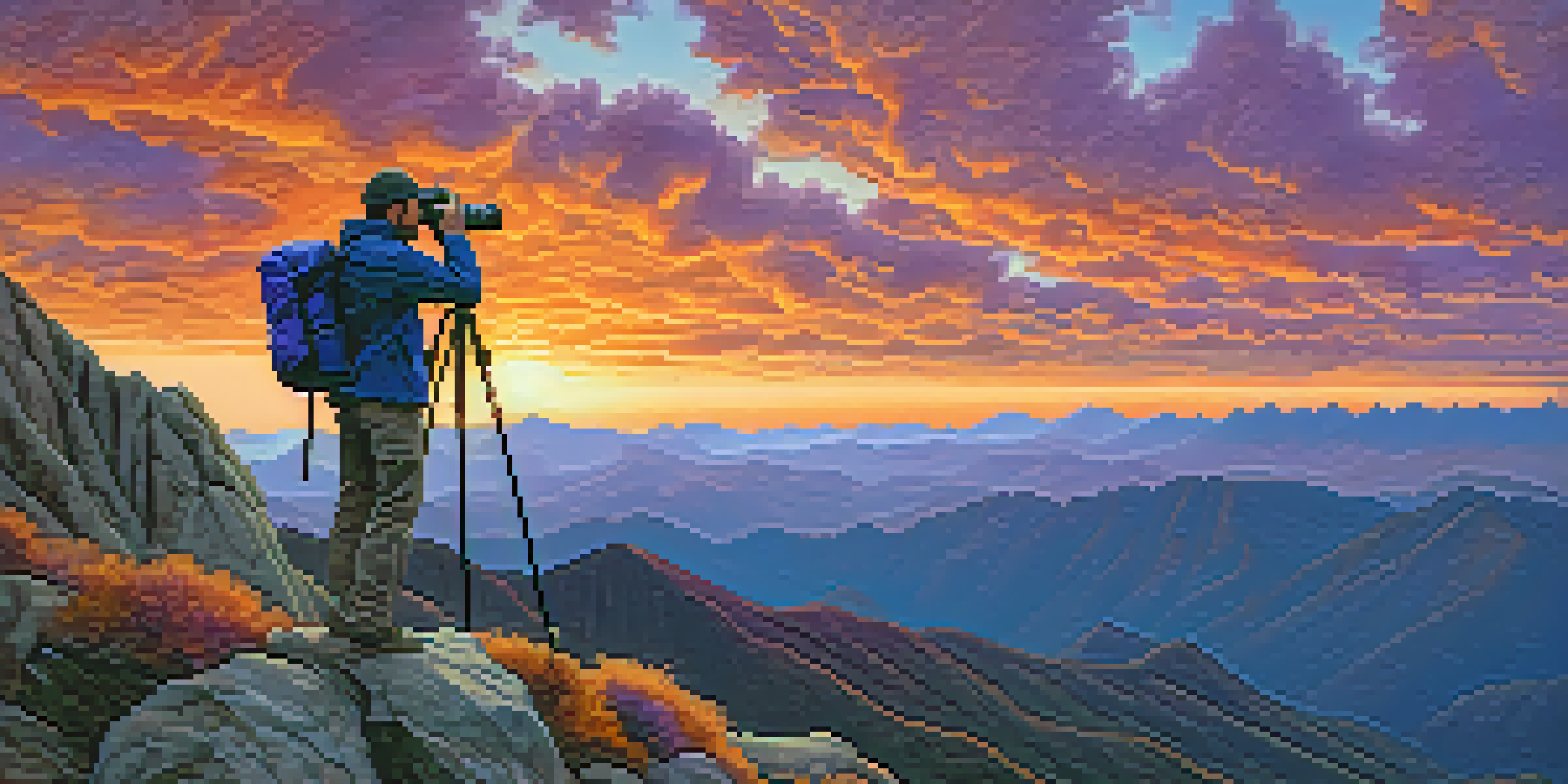 A traveler on a mountain peak holding a camera, with a colorful sunset in the background.