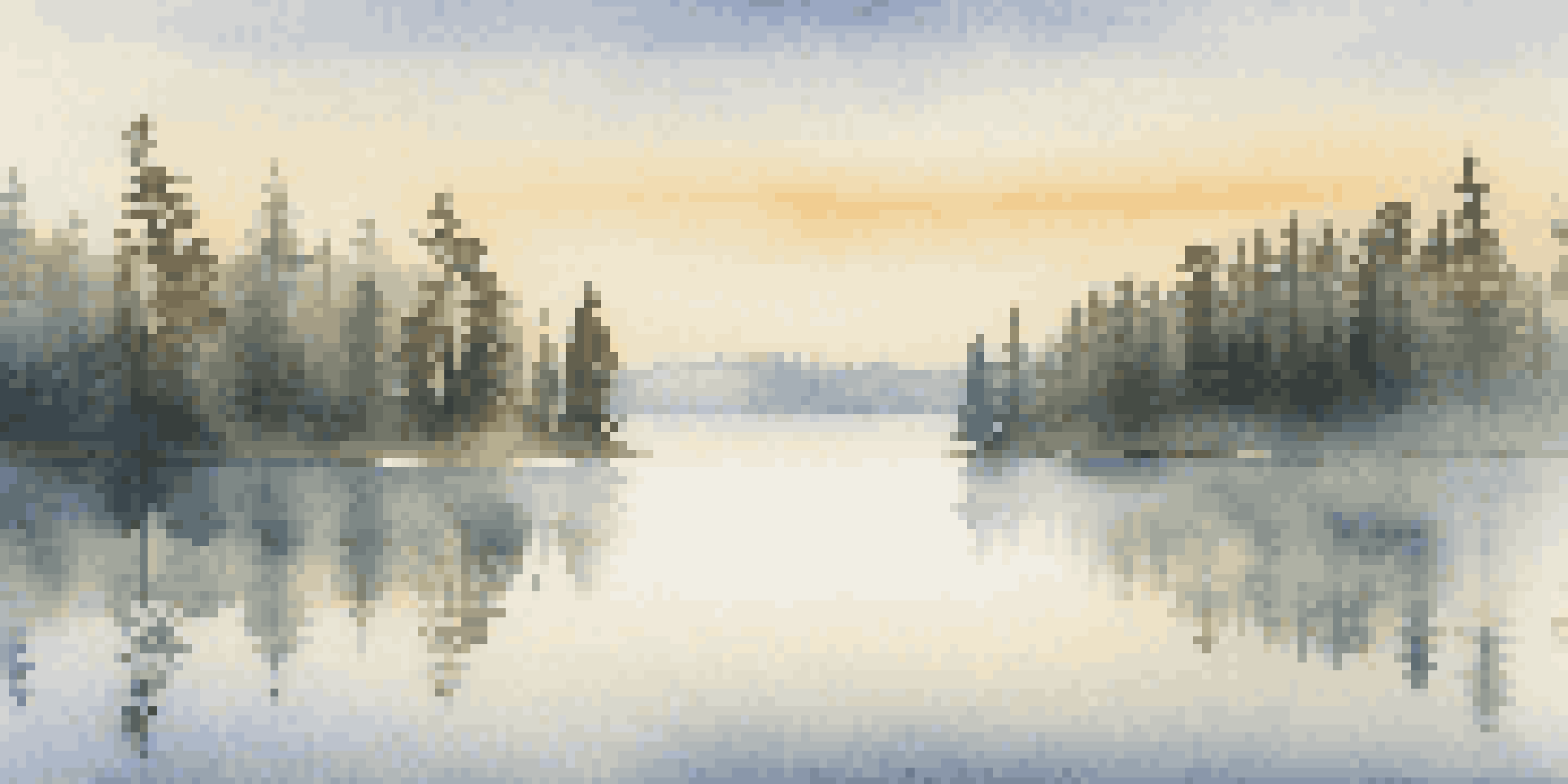 A tranquil lake at dawn with mist rising and reflections of pine trees, alongside a tripod holding a camera.