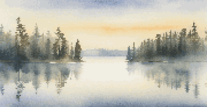 A tranquil lake at dawn with mist rising and reflections of pine trees, alongside a tripod holding a camera.