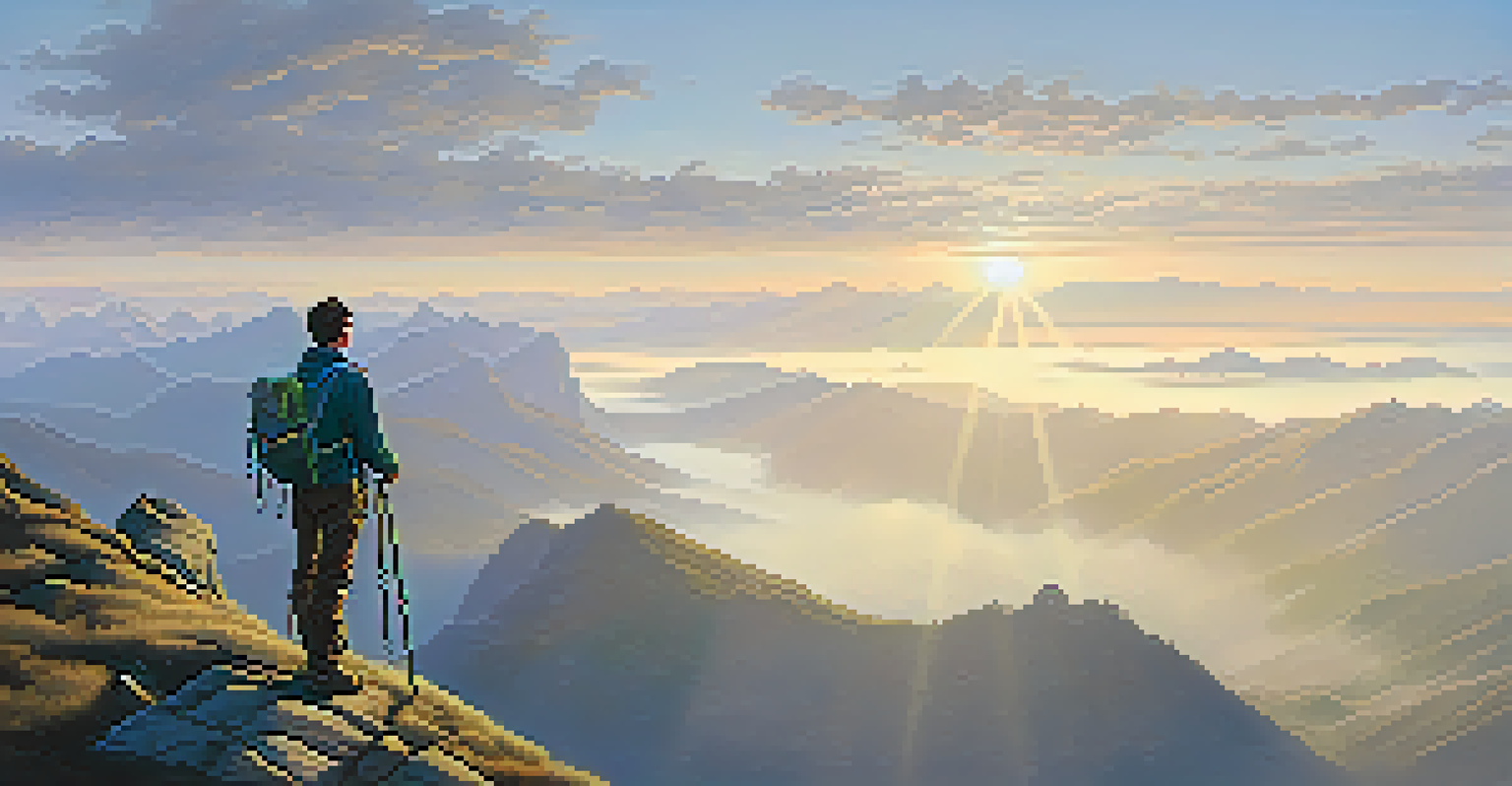 A hiker standing on a cliff overlooking misty mountains, capturing a moment of awe at sunrise.
