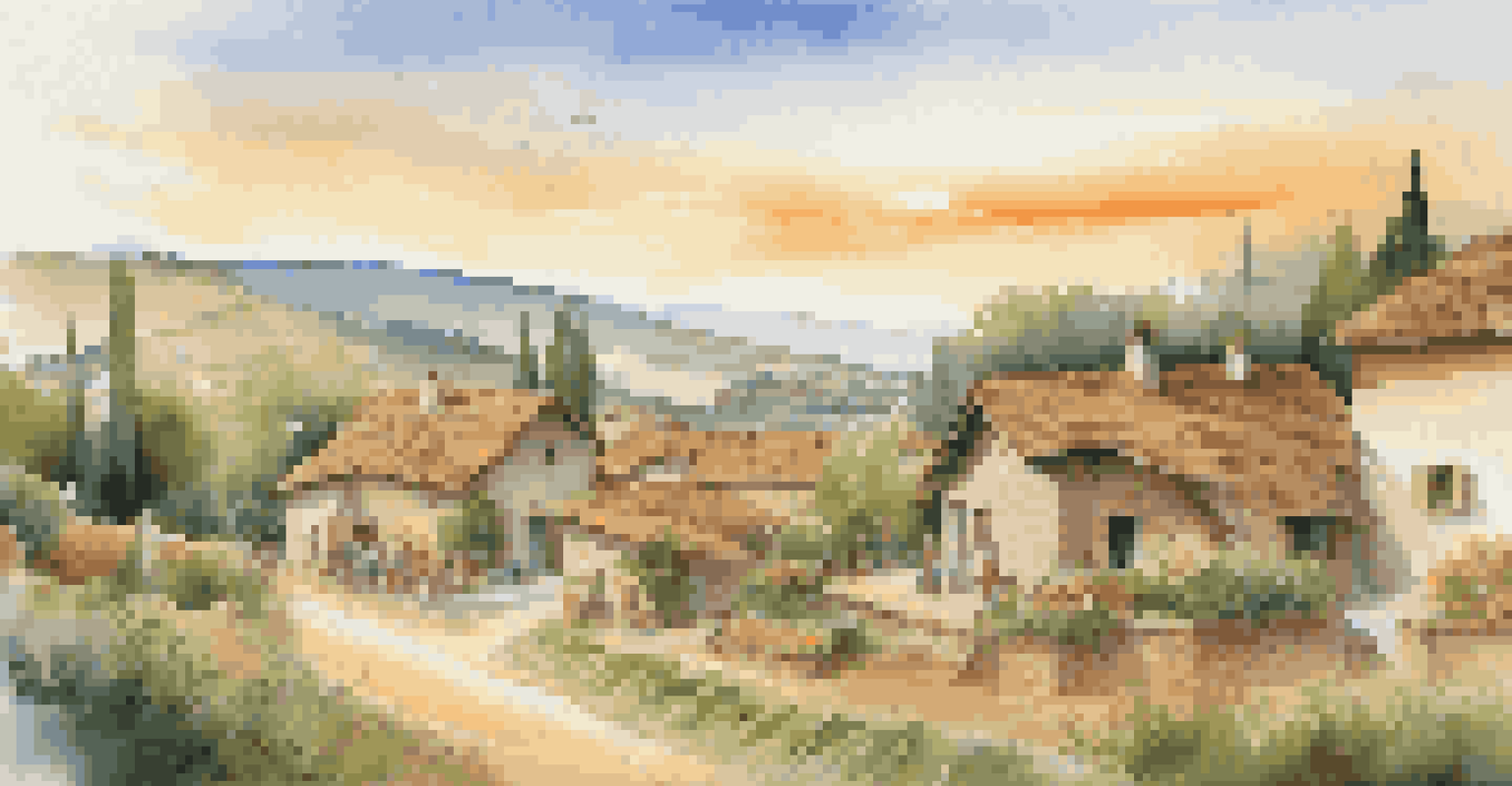 An eco-village in Italy with traditional cottages and people making bread, surrounded by rolling hills and a warm sunset.