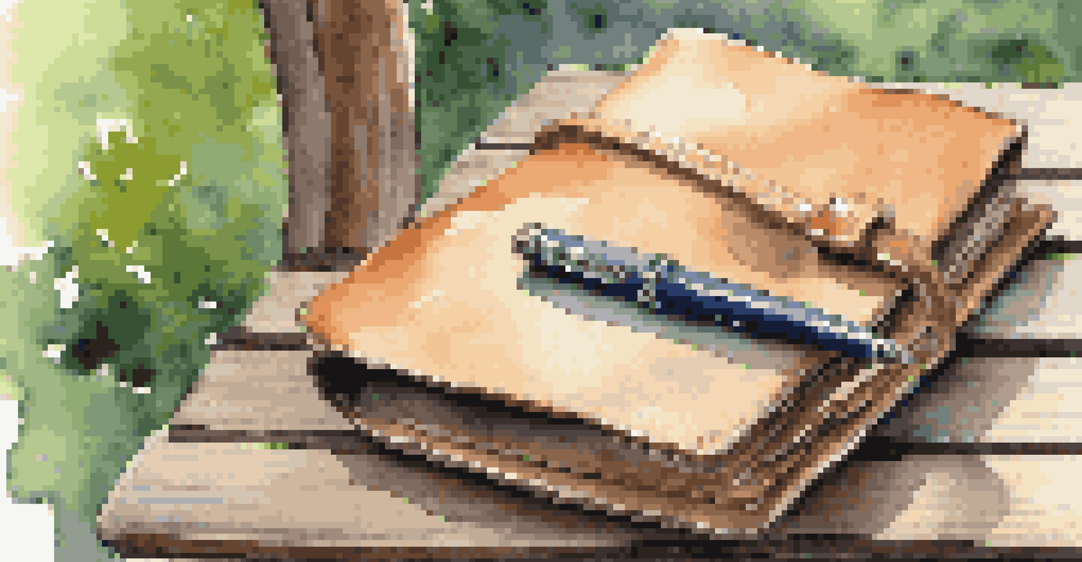 A close-up of a leather journal and fountain pen on a wooden bench surrounded by blurred greenery, evoking a sense of reflection in nature.