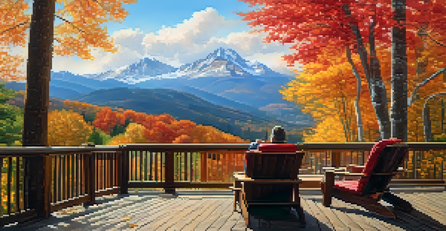 A beautiful autumn mountain view with a senior couple on a deck enjoying tea and colorful fall foliage.