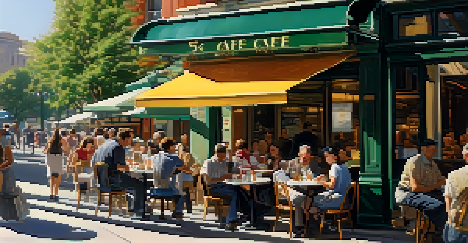 A solo diner at an outdoor café, surrounded by flowers and sunlight, with people walking by in the background.