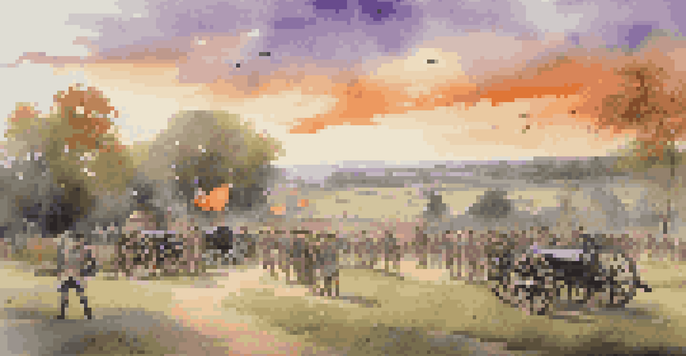 A historical battlefield at sunset, featuring green fields with artifacts like old cannons, under an orange and purple sky, with visitors walking along a path.