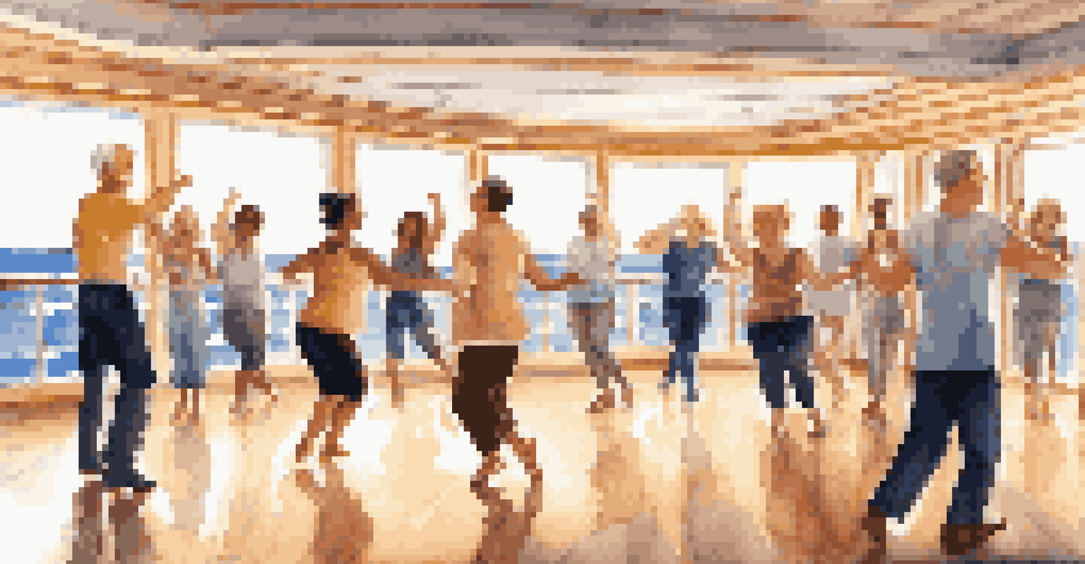 A couple participating in a dance class on a cruise ship, smiling and enjoying the experience with ocean views.