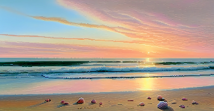 A calm beach at sunset with gentle waves, soft pastel colors in the sky, and a towel on the sand.