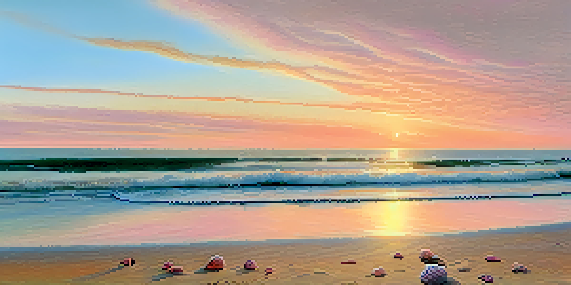 A calm beach at sunset with gentle waves, soft pastel colors in the sky, and a towel on the sand.