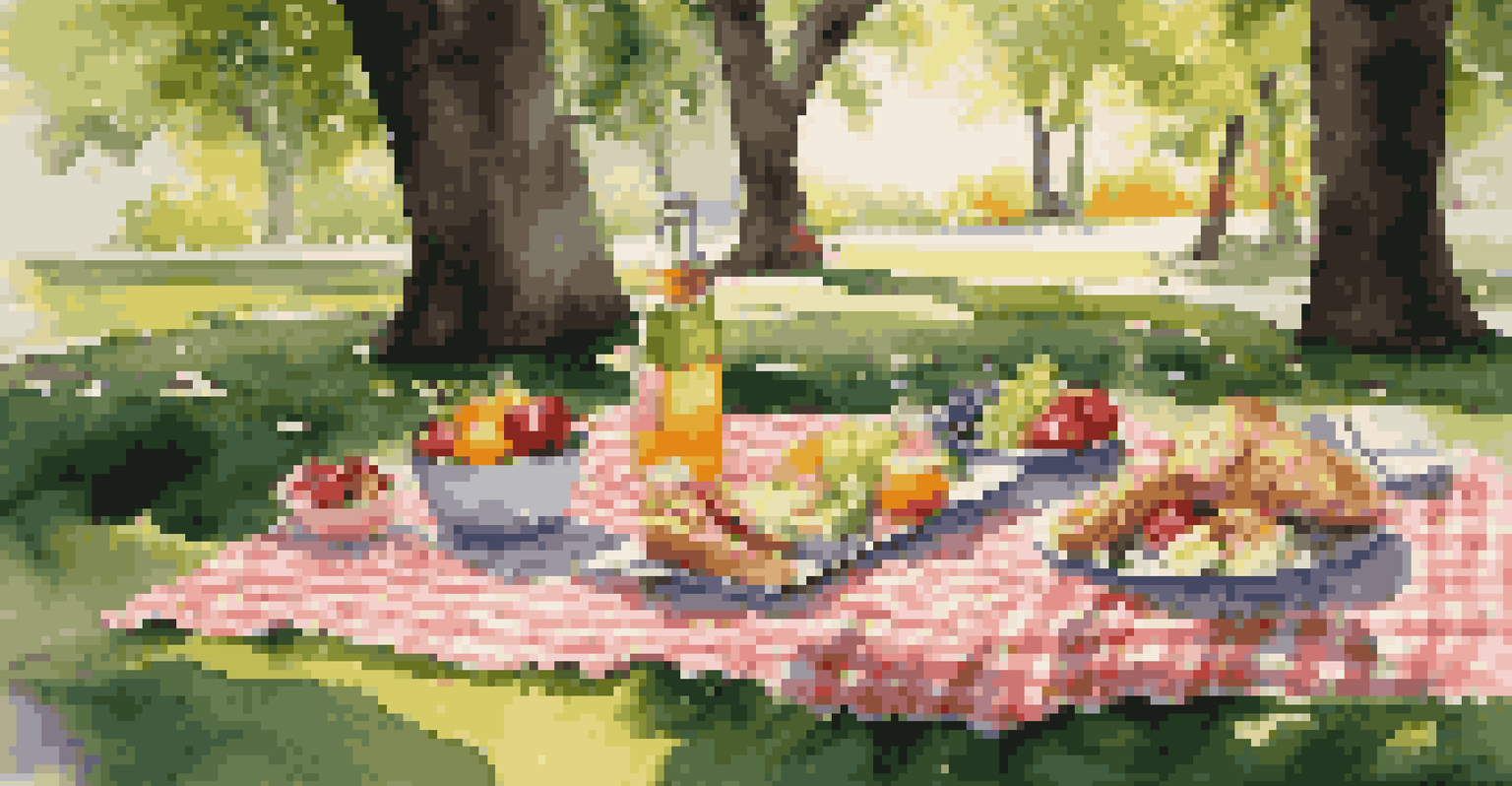A picnic setup in a park with a checkered blanket and various foods.