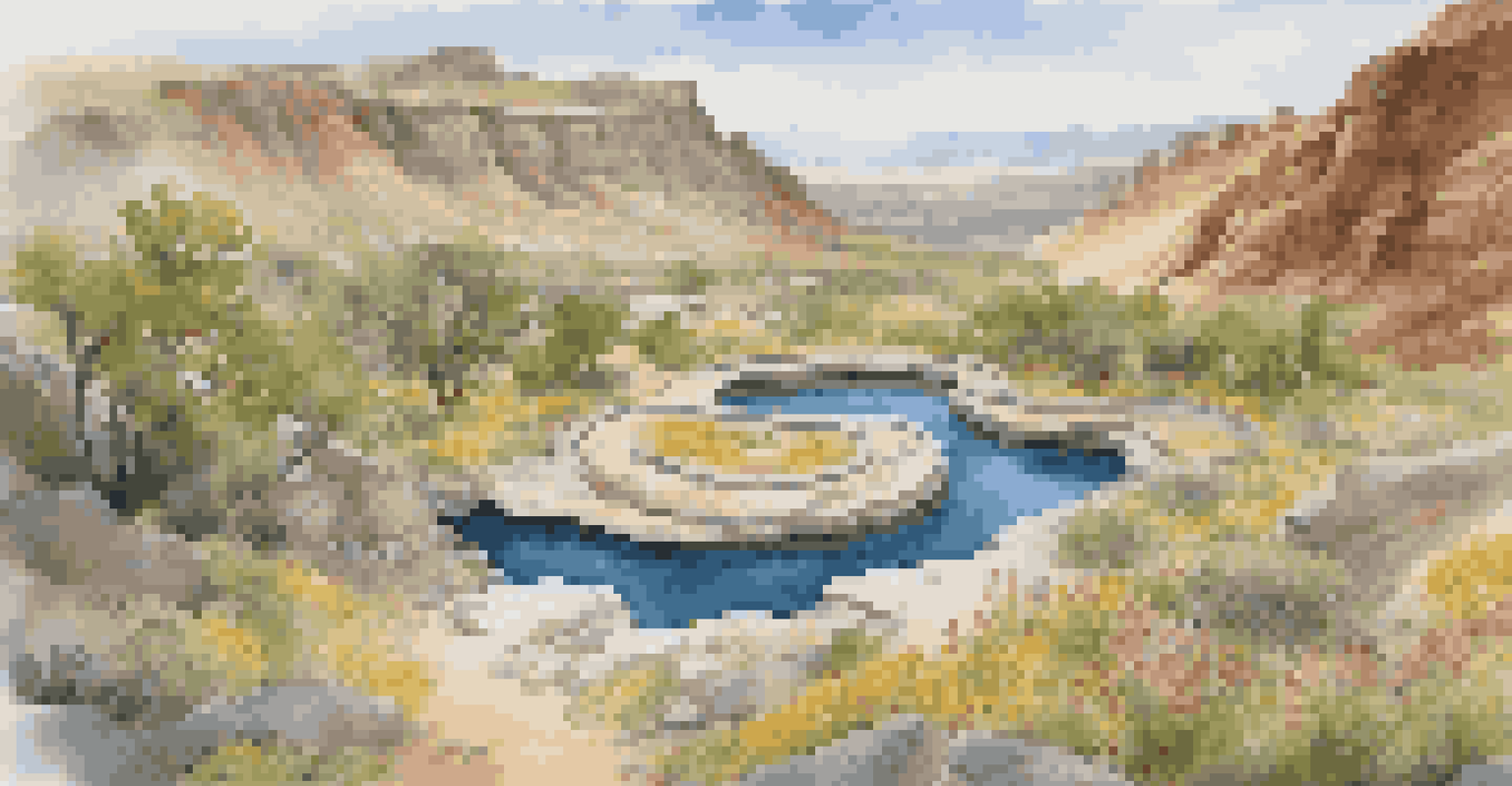 An aerial perspective of a secluded hot spring in a national park, with hikers approaching and colorful wildflowers blooming around.