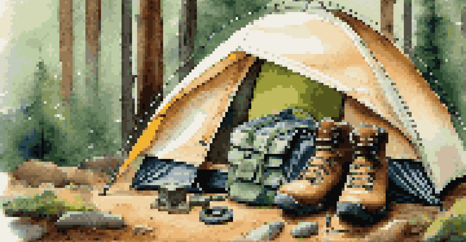 Close-up of eco-friendly travel gear including a sustainable tent and durable hiking boots in a forest setting.
