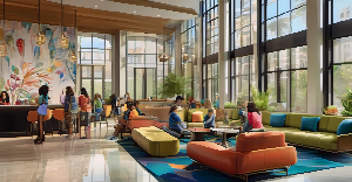 A lively hotel lobby with trendy decor and teens checking in at the reception.