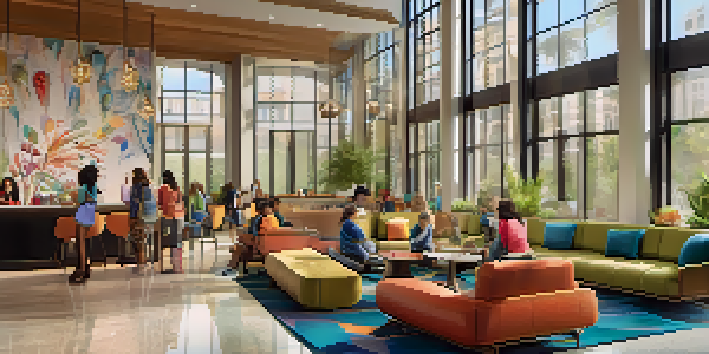 A lively hotel lobby with trendy decor and teens checking in at the reception.