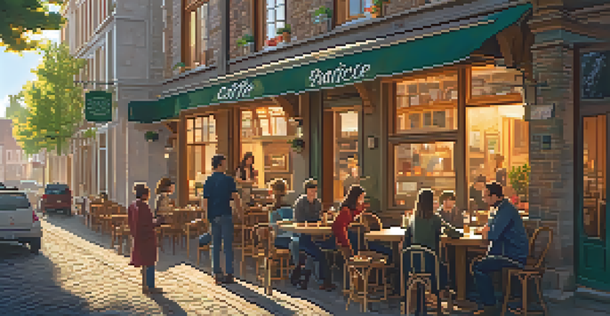 A warm and inviting café filled with locals enjoying their coffee and engaging in conversation, with wooden furniture and colorful artwork.