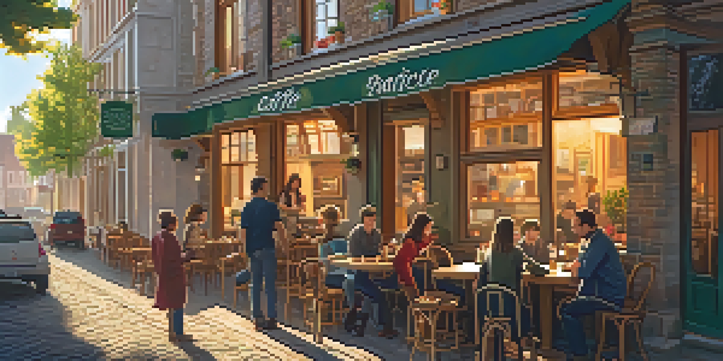 A warm and inviting café filled with locals enjoying their coffee and engaging in conversation, with wooden furniture and colorful artwork.