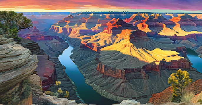 A breathtaking sunset over the Grand Canyon, with vibrant colors in the sky and the Colorado River visible below.