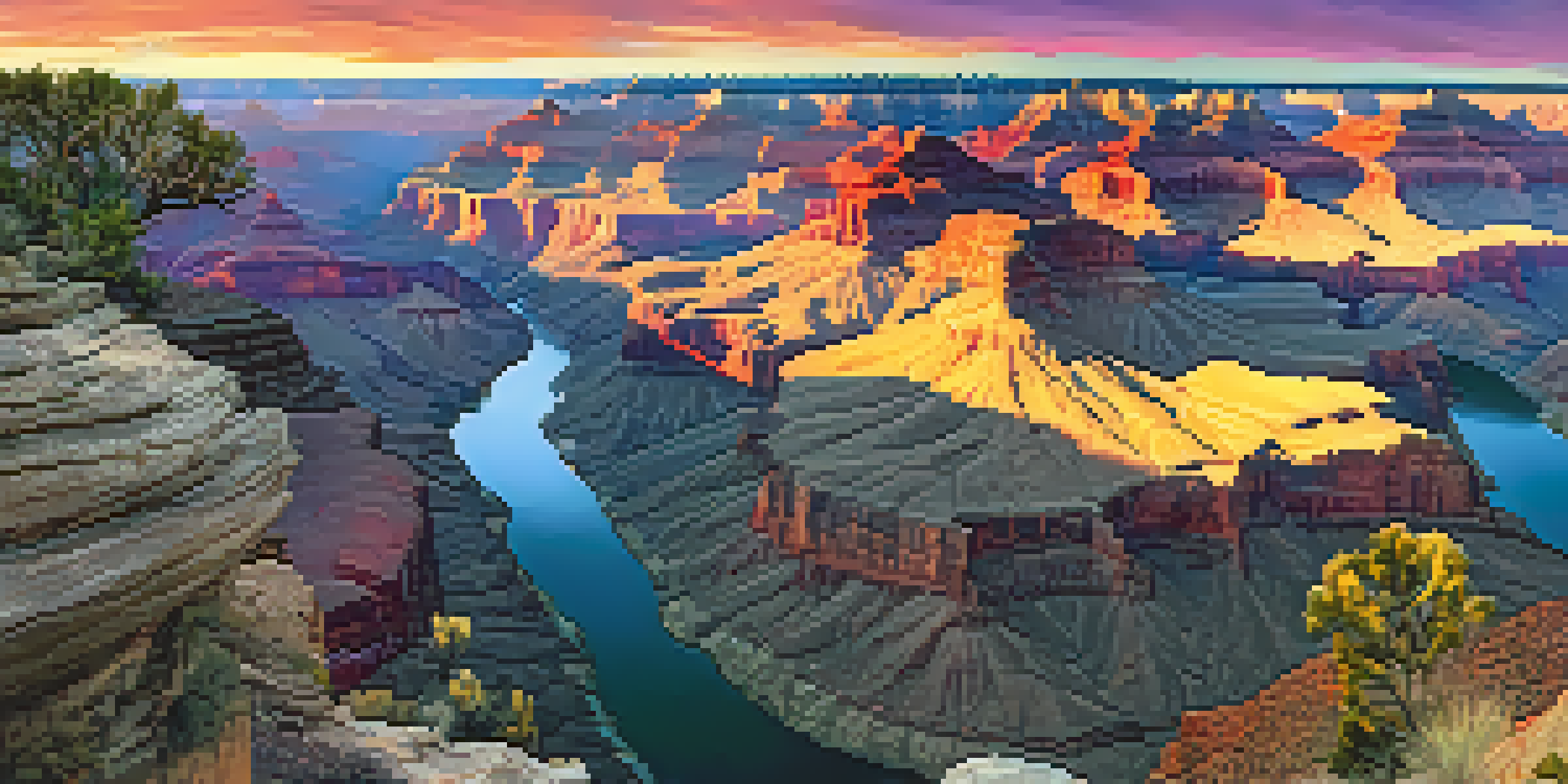 A breathtaking sunset over the Grand Canyon, with vibrant colors in the sky and the Colorado River visible below.