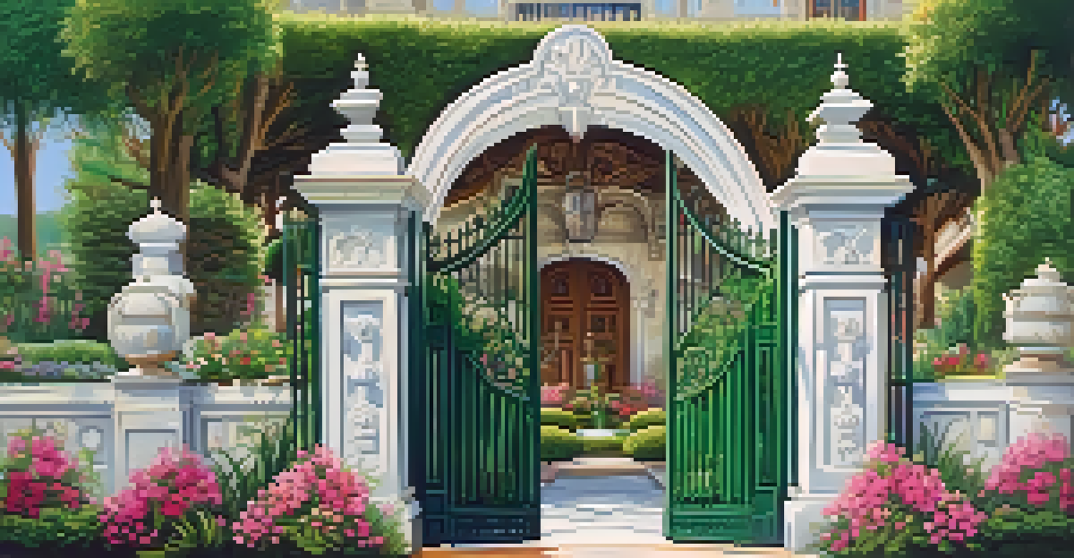 A historic building seen through an ornate garden gate, surrounded by colorful flowers and greenery.