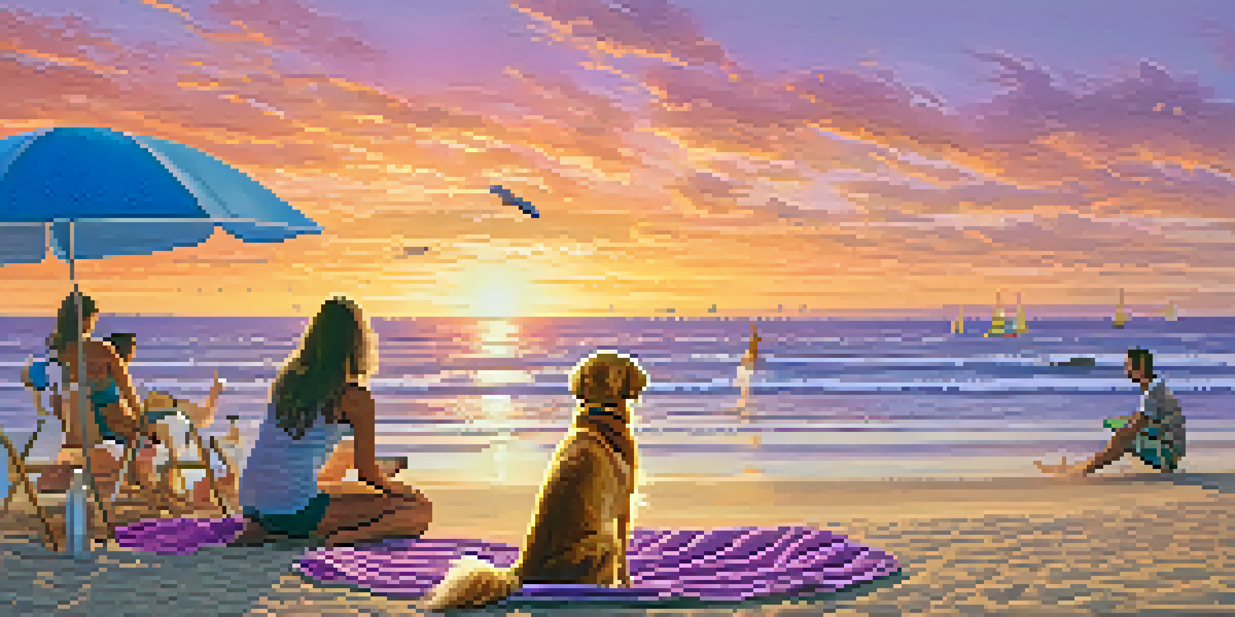 A golden retriever playing with a frisbee on a pet-friendly beach during sunset, with colorful beach umbrellas and towels in the background.