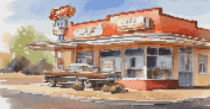 A cozy diner scene at The Roadrunner Cafe with vintage decor, fluffy pancakes, and warm lighting.
