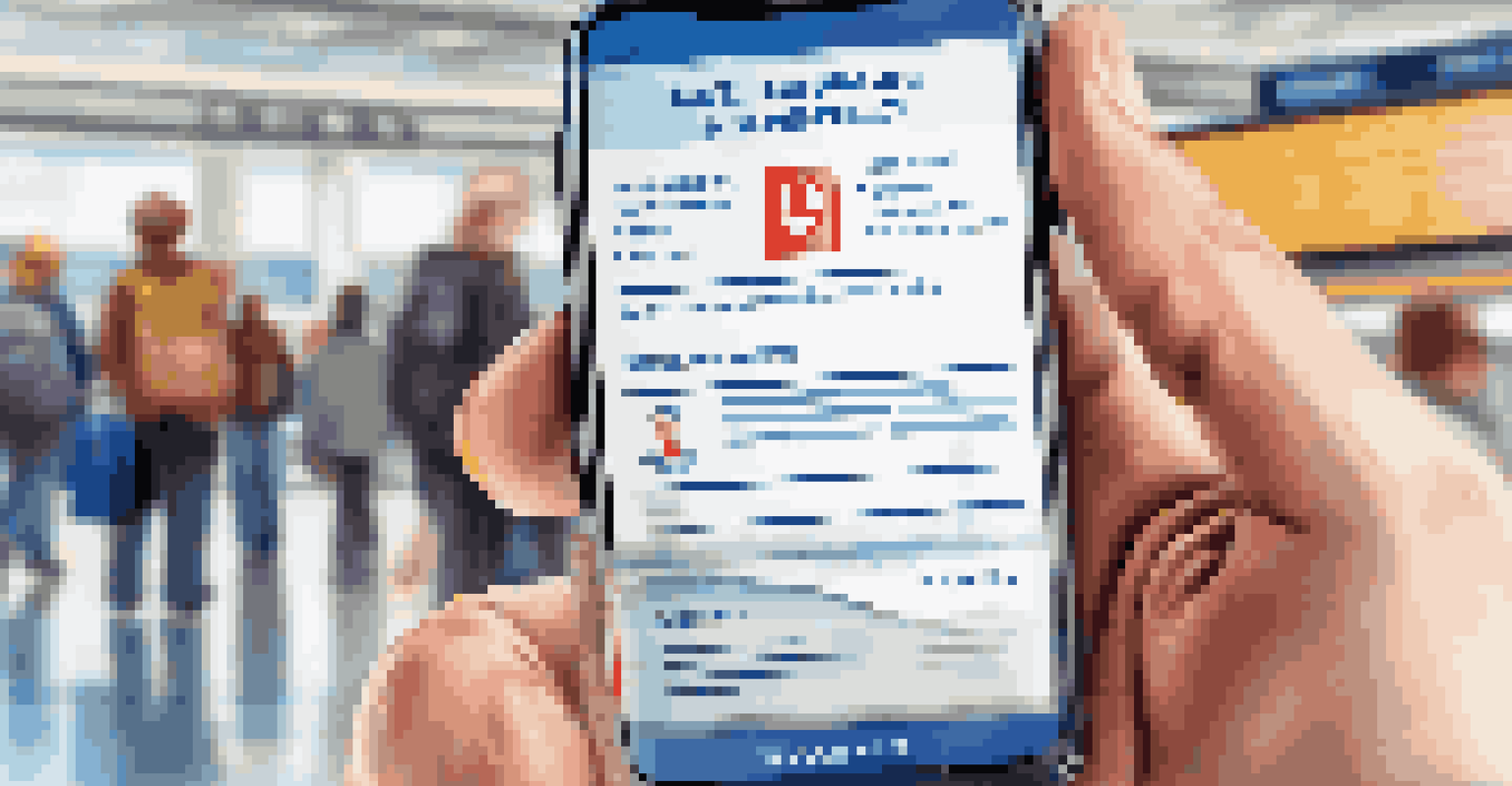 A close-up of a traveler's hand holding a smartphone displaying a travel insurance policy, with a blurred airport terminal in the background, capturing the traveler's relieved expression.