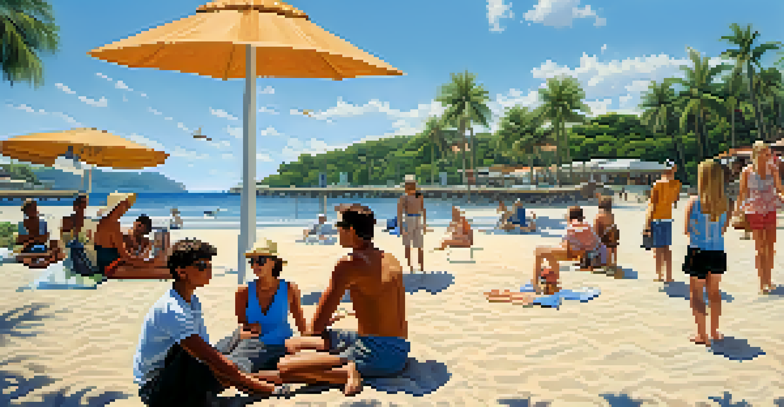 A diverse group of travelers enjoying a scenic destination, participating in various activities under a bright blue sky.