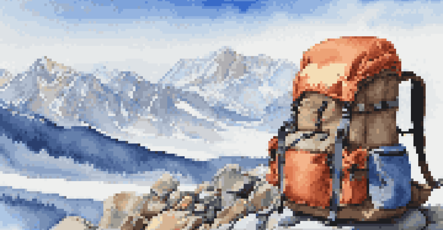 A quality backpack on a rocky surface, highlighting its straps and compartments, with mountains in the background.