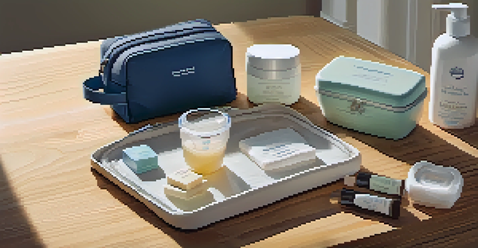 A travel toiletries kit organized with various containers on a wooden surface, illuminated by soft natural light.