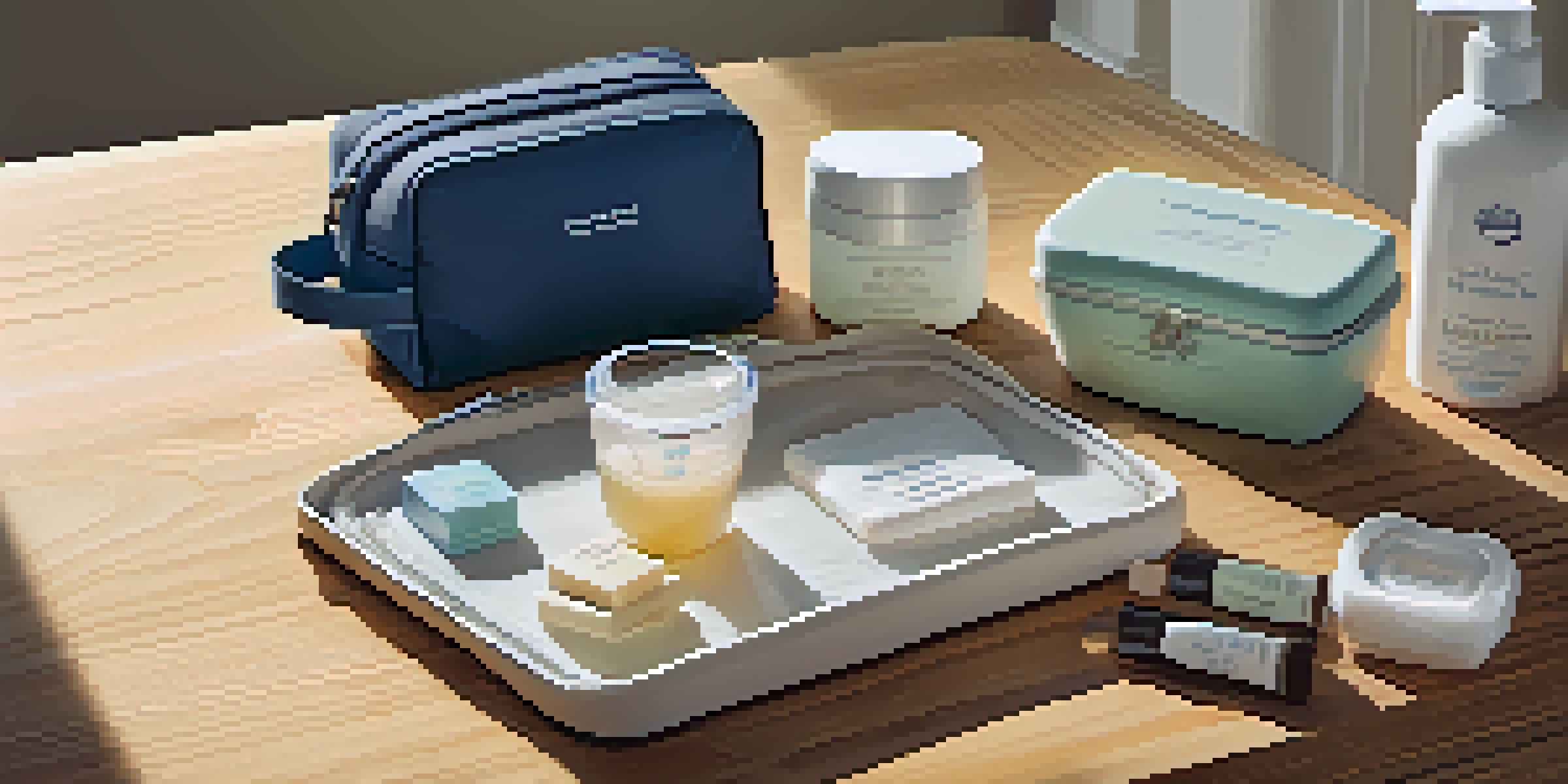 A travel toiletries kit organized with various containers on a wooden surface, illuminated by soft natural light.