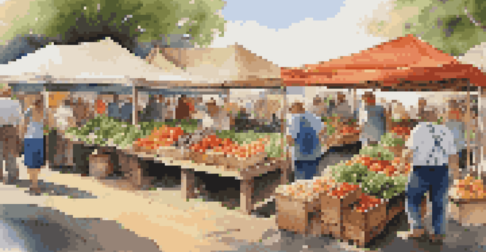 A lively farmer's market filled with colorful fruits and vegetables, with local farmers engaging with visitors under a sunny sky.