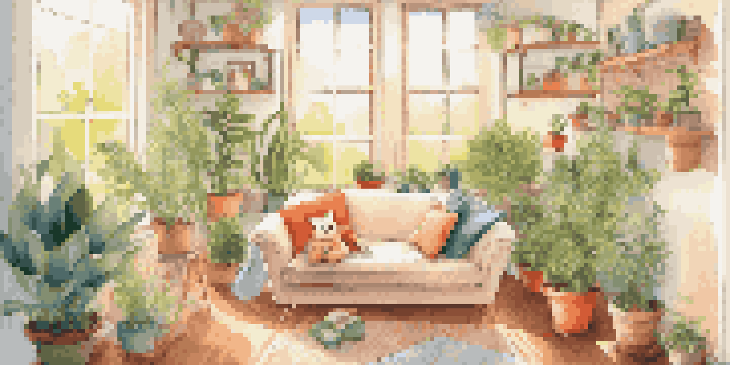 A bright living room with a pet bed, soft toys, and plants, creating a welcoming environment for a pet.
