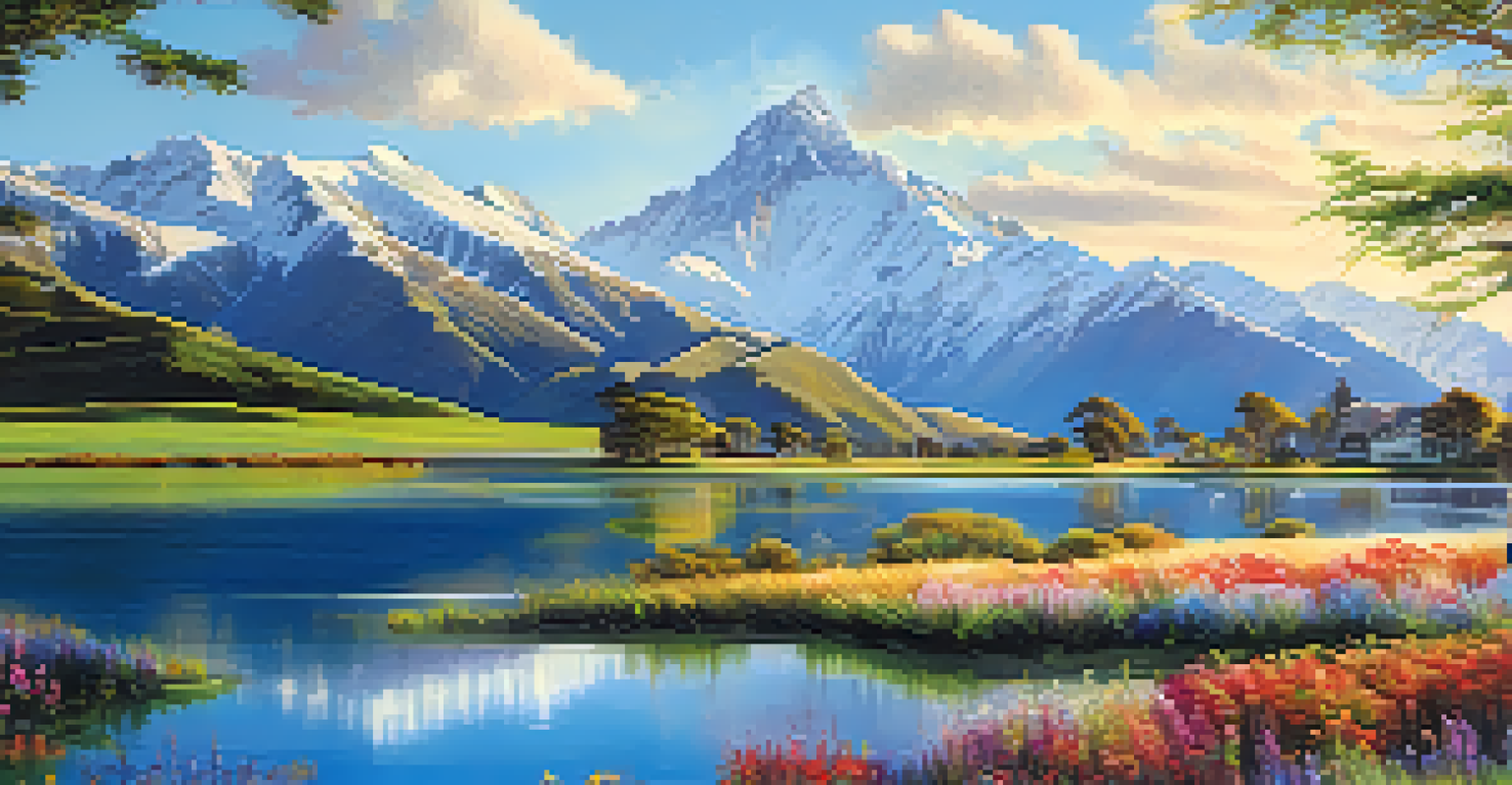 A university campus in New Zealand surrounded by mountains and a lake, with students studying outdoors in a vibrant landscape.