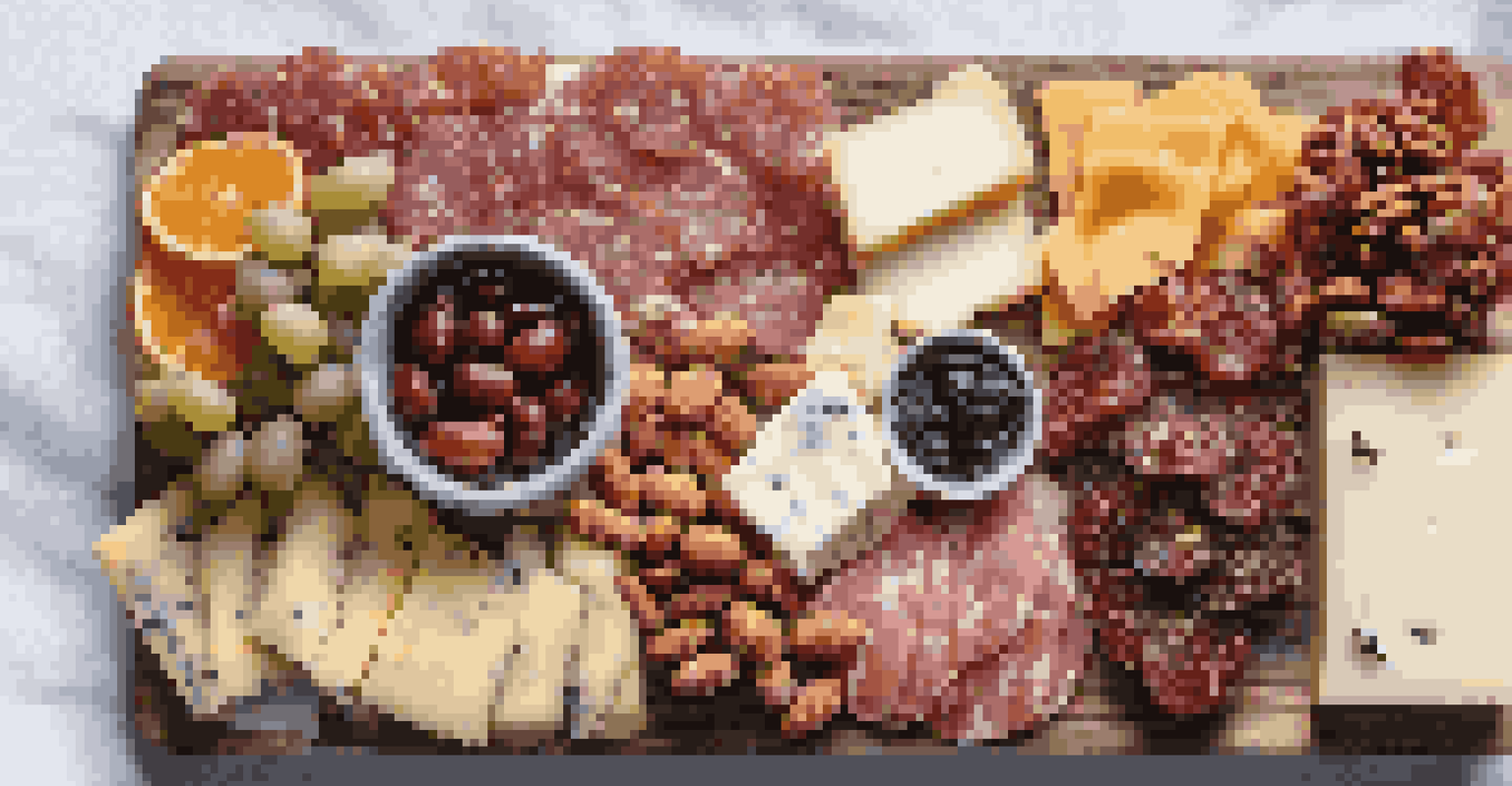 A portable mini charcuterie board displaying various cheeses, cured meats, nuts, and dried fruits arranged in an appealing way.