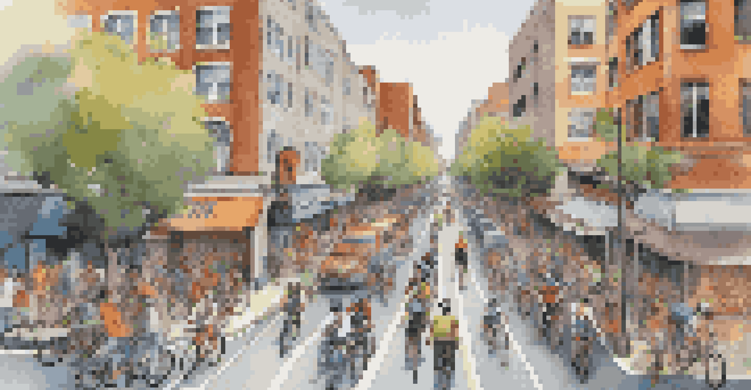 An aerial view of a busy urban street with diverse cyclists riding various types of bikes, surrounded by quirky shops and colorful murals.