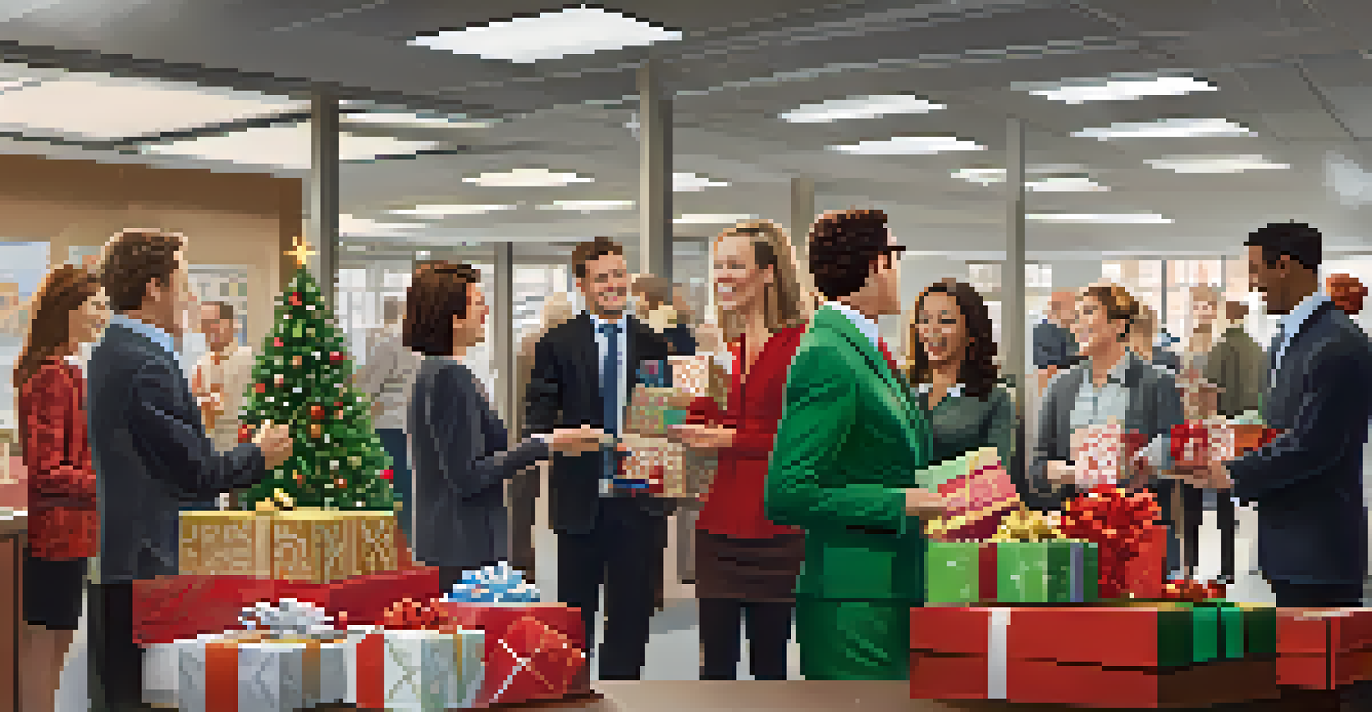 Colleagues exchanging gifts in a decorated office during a holiday celebration.